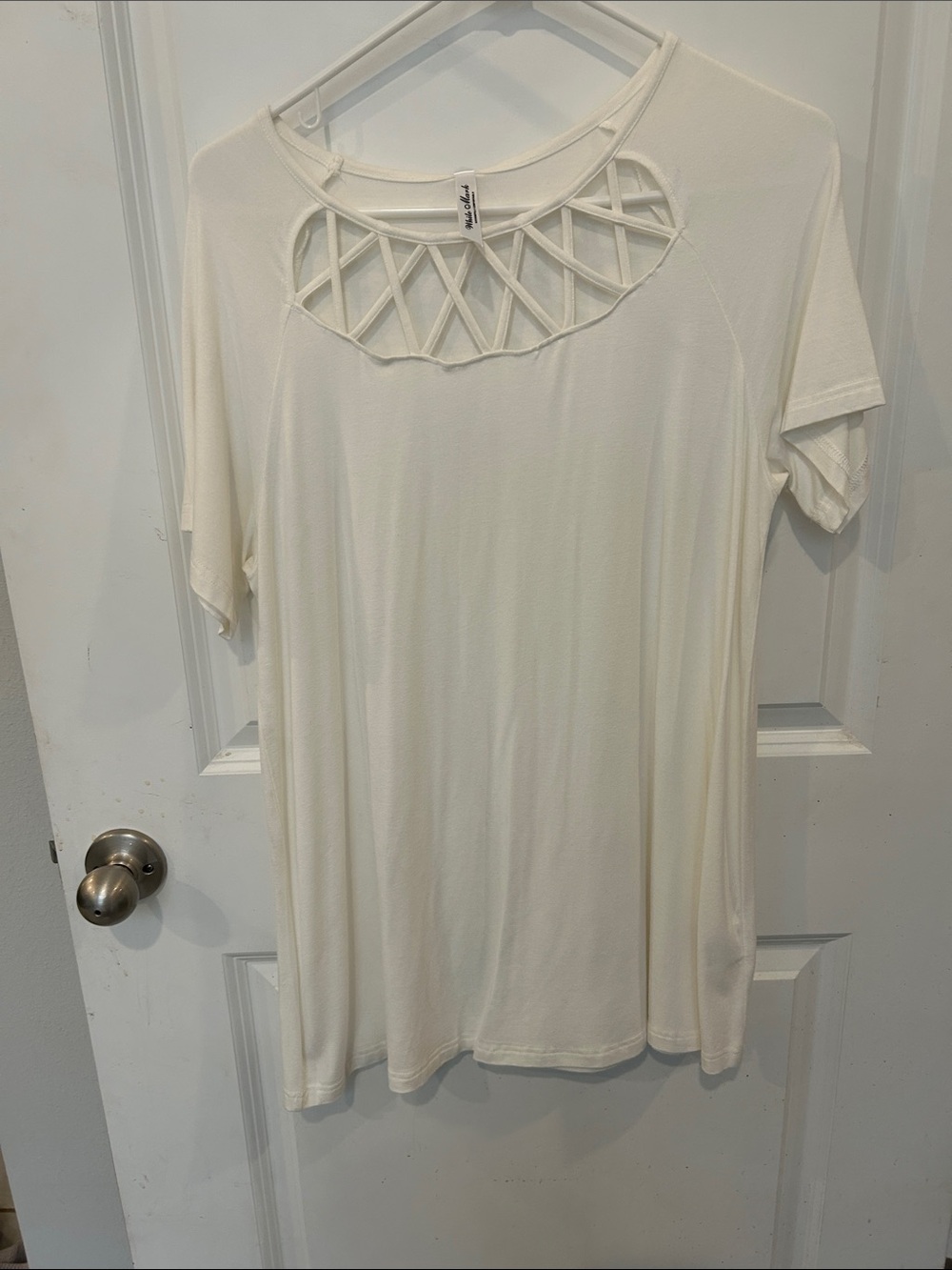 White Mark Cream Short Sleeve Top with Lattice Neckline Accent